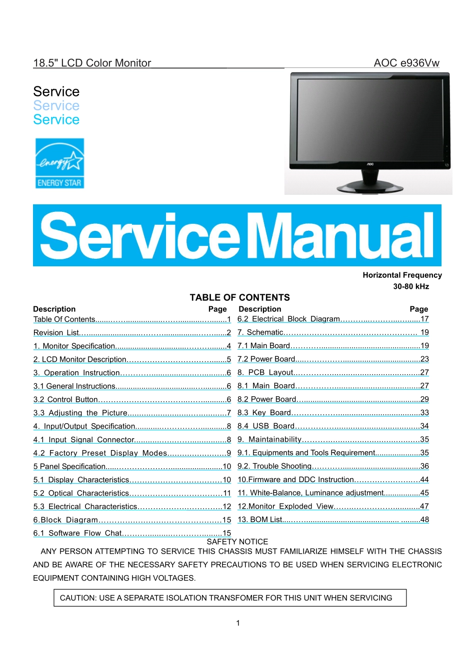 AOC冠捷e936Vw液晶显示器维修手册_e936Vw.pdf_第1页