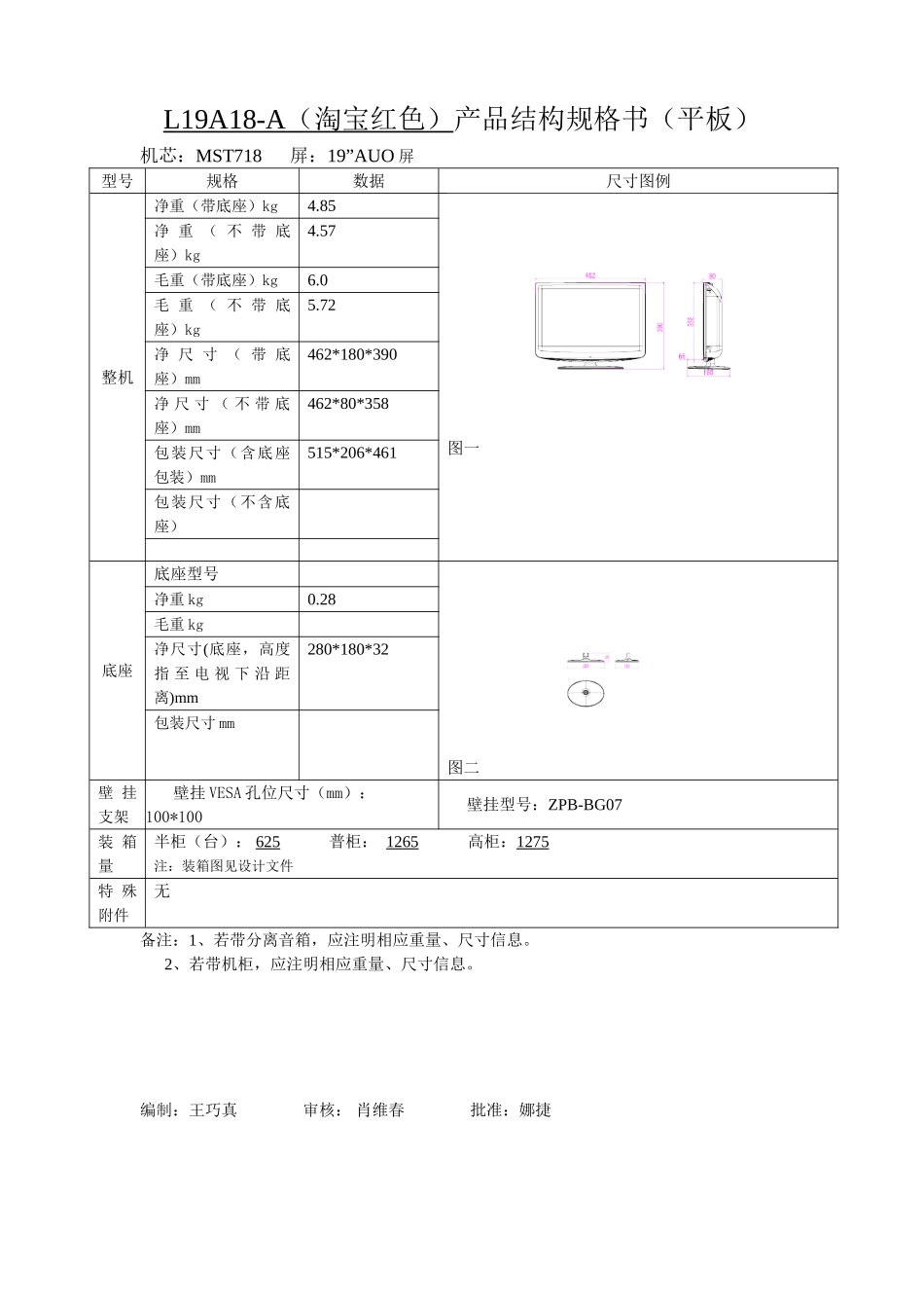 海尔L19A18-A液晶电视原理图_L19A18-A（淘宝红色）结构规格书.doc_第1页