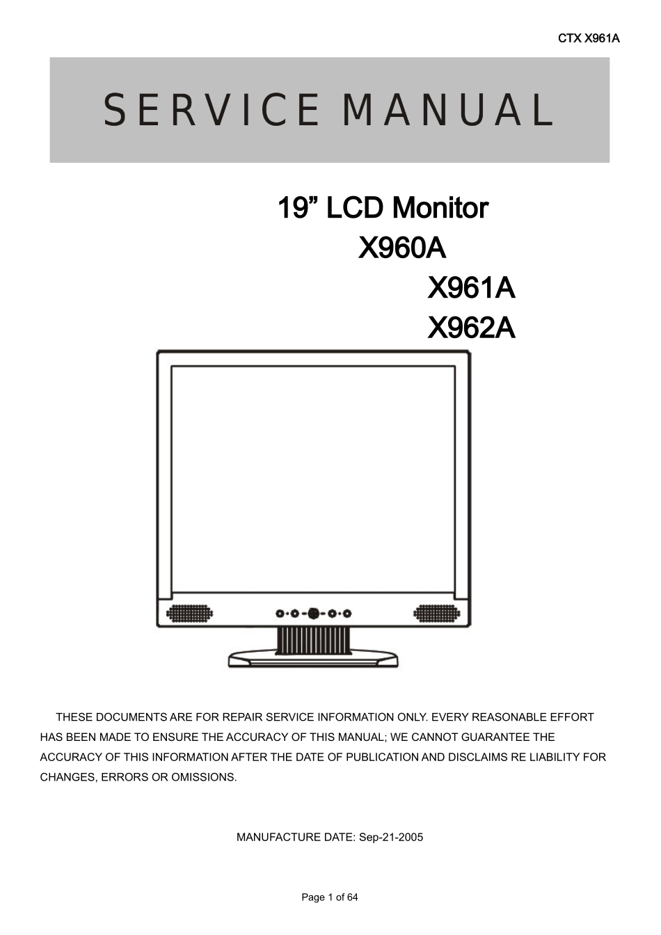 CTX X962A液晶显示器维修手册和图纸_CTX-X960A-英文维修手册.doc_第1页