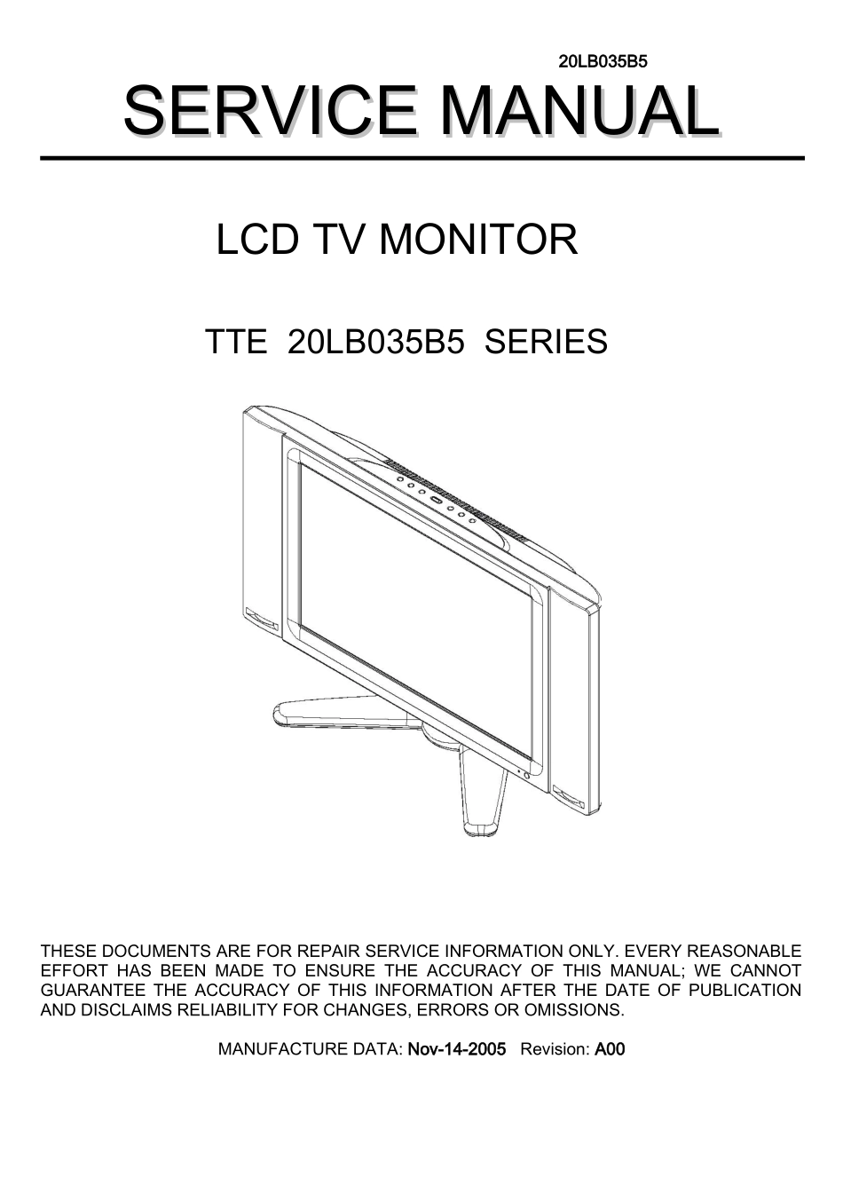 TTE 20LB035B5液晶电视维修手册_TTE-20LB035B5-英文维修手册.doc_第1页