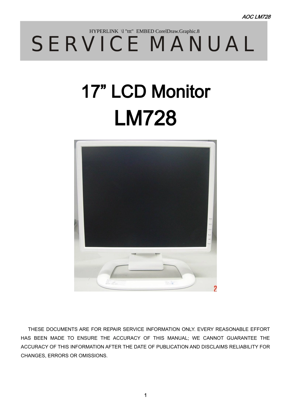 AOC LM728液晶显示器维修手册_AOC-LM728-英文维修手册.doc_第1页