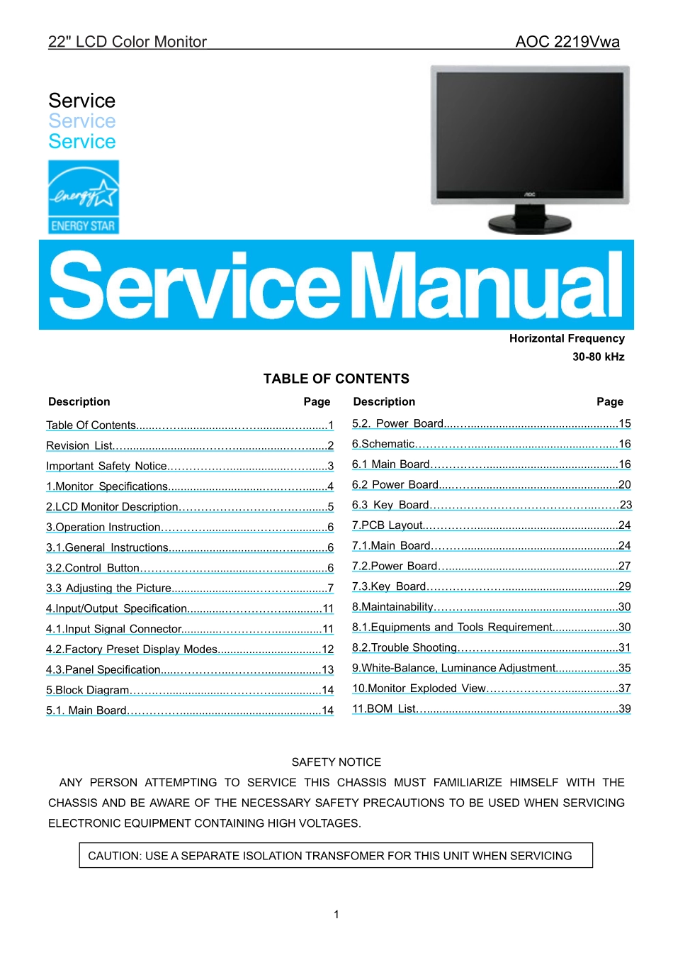 AOC冠捷2219Vwa液晶显示器维修手册_2219Vwa.pdf_第1页