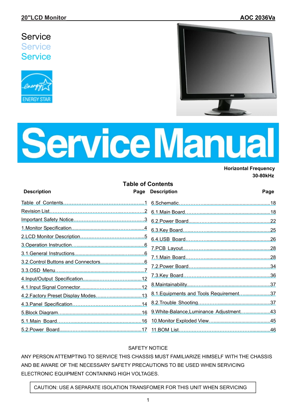 AOC冠捷2036Va液晶显示器维修手册_2036Va.pdf_第1页