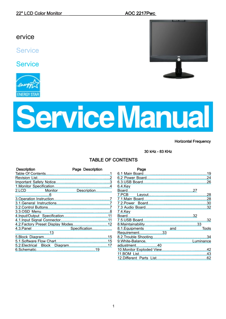 AOC 2217PWC液晶显示器维修手册_AOC-2217PWC-英文维修手册.doc_第1页