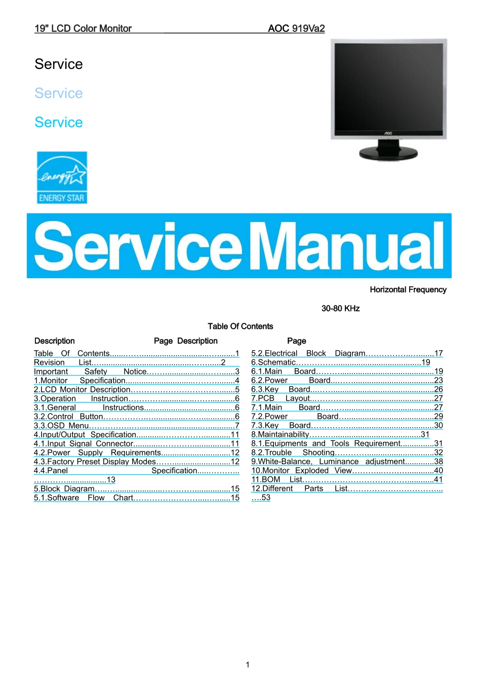 AOC 919Va2液晶显示器维修手册_AOC-919Va2-英文维修手册 .doc_第1页