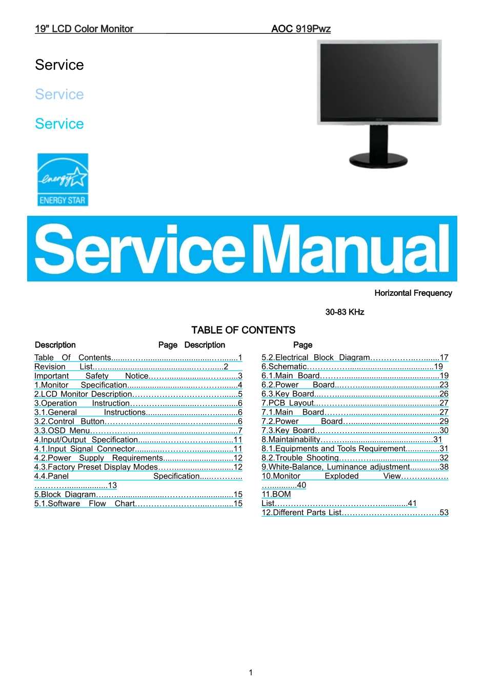 AOC 919Pwz液晶显示器维修手册_AOC-919Pwz-英文维修手册.doc_第1页