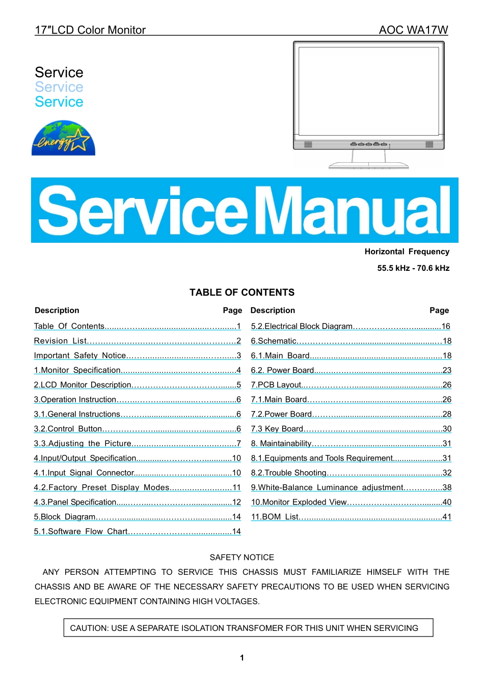 AOC WA17W液晶显示器维修手册_AOC WA17W.pdf_第1页