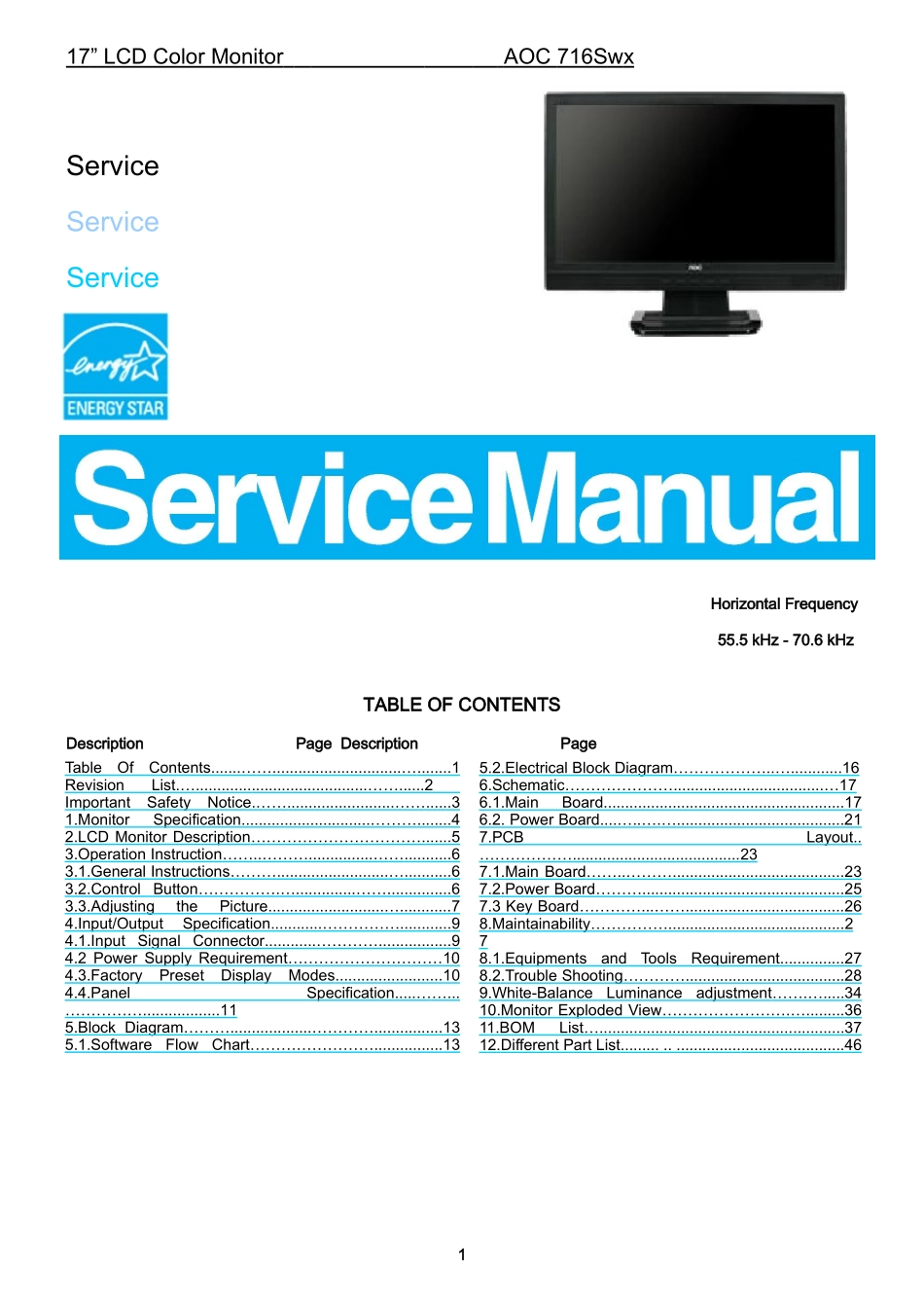 AOC 716Swx液晶显示器维修手册和图纸_AOC-716Swx-英文维修手册.doc_第1页