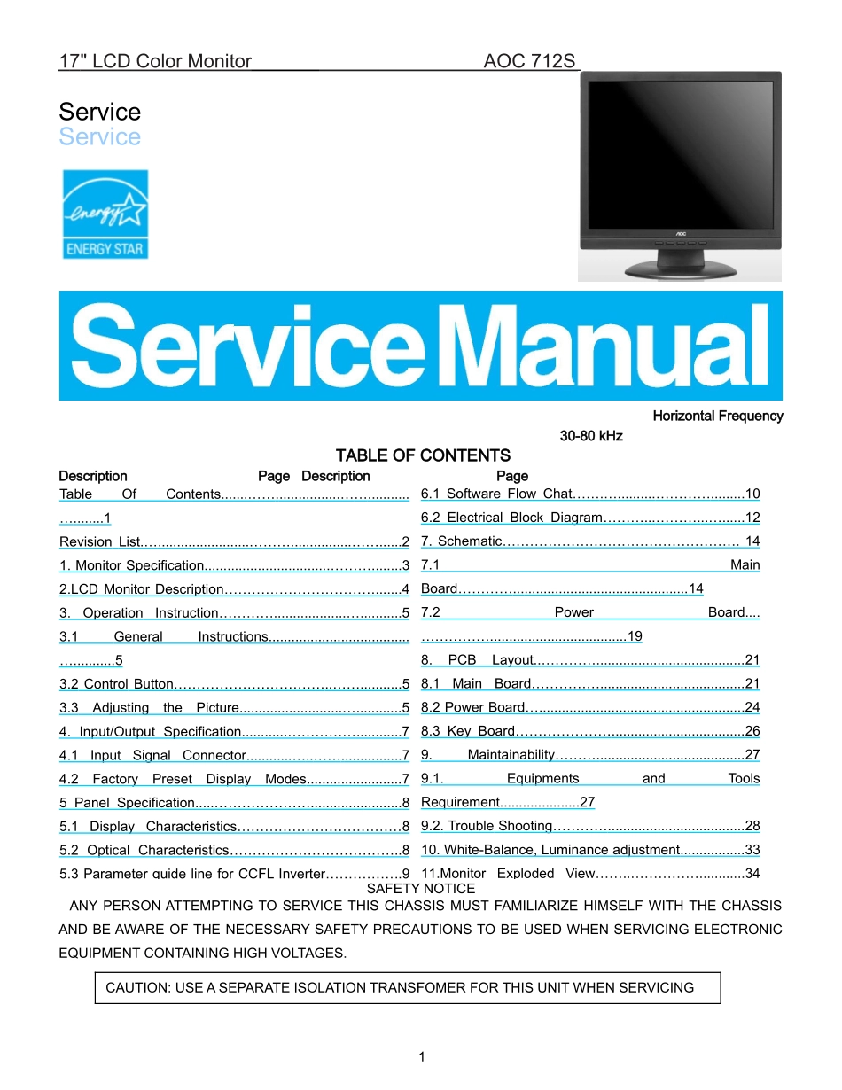 AOC 712S液晶显示器维修手册_AOC-712S-英文维修手册.doc_第1页