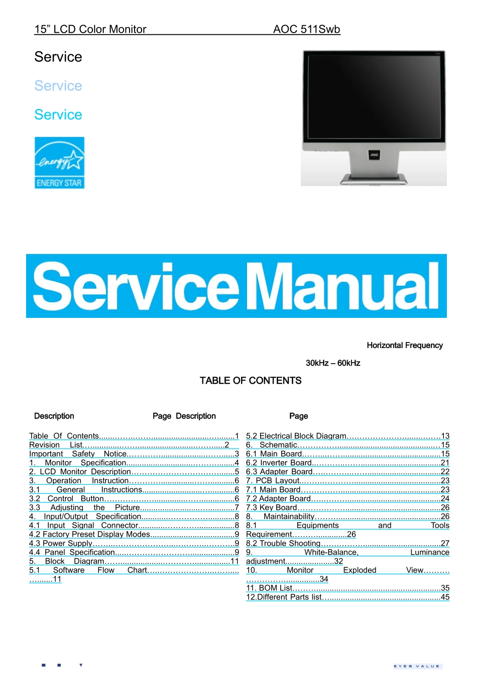 AOC 511Swb液晶显示器维修手册_AOC-511Swb-英文维修手册.doc_第1页