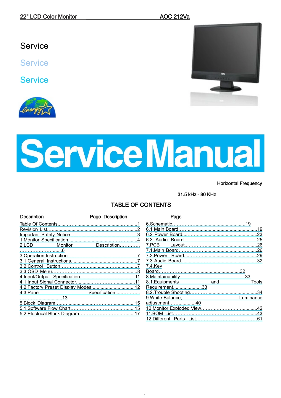 AOC 212VA液晶显示器维修手册_AOC-212Va-英文维修手册.doc_第1页