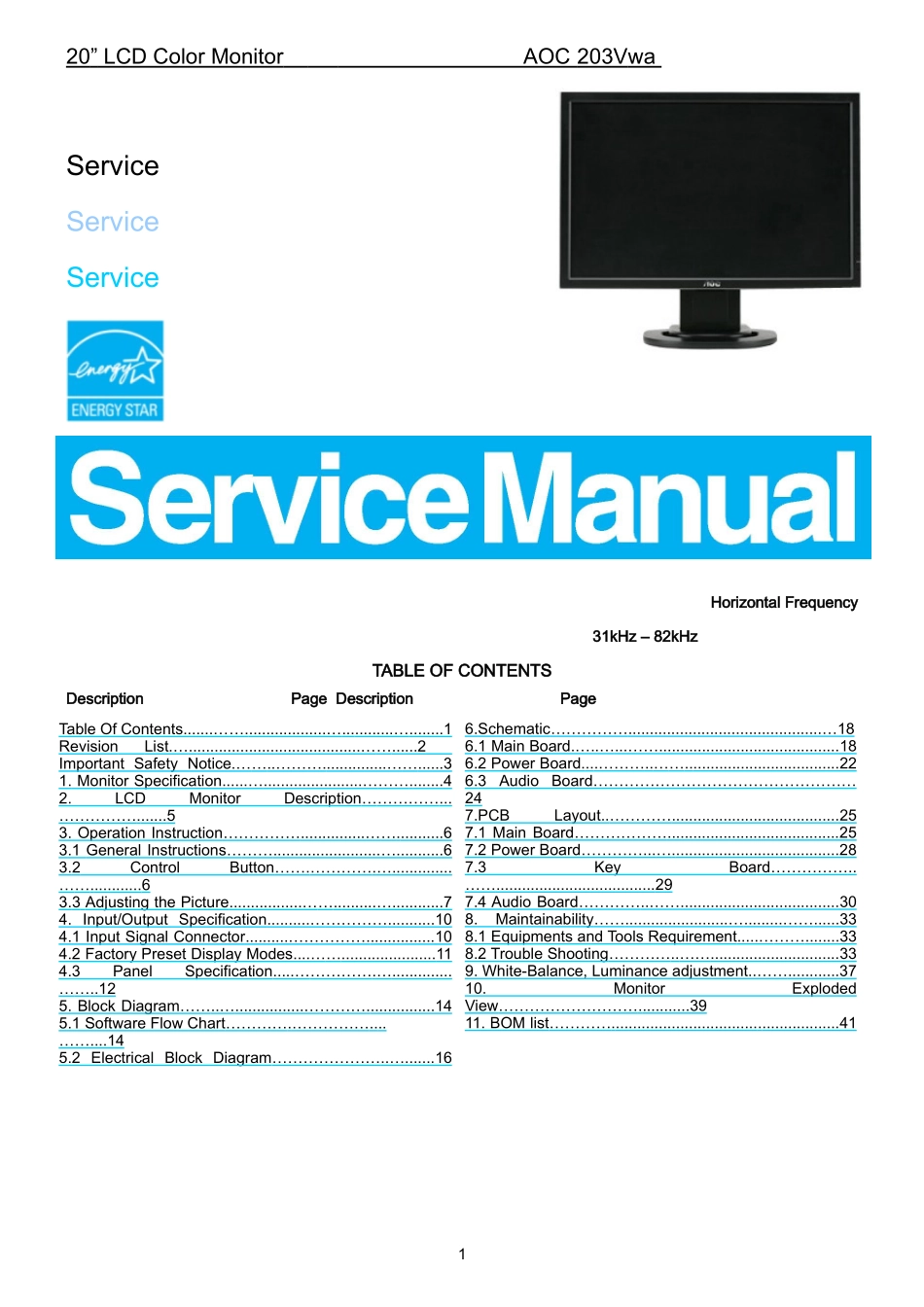 AOC 203VWA液晶显示器维修手册_AOC-203Vwa-英文维修手册.doc_第1页