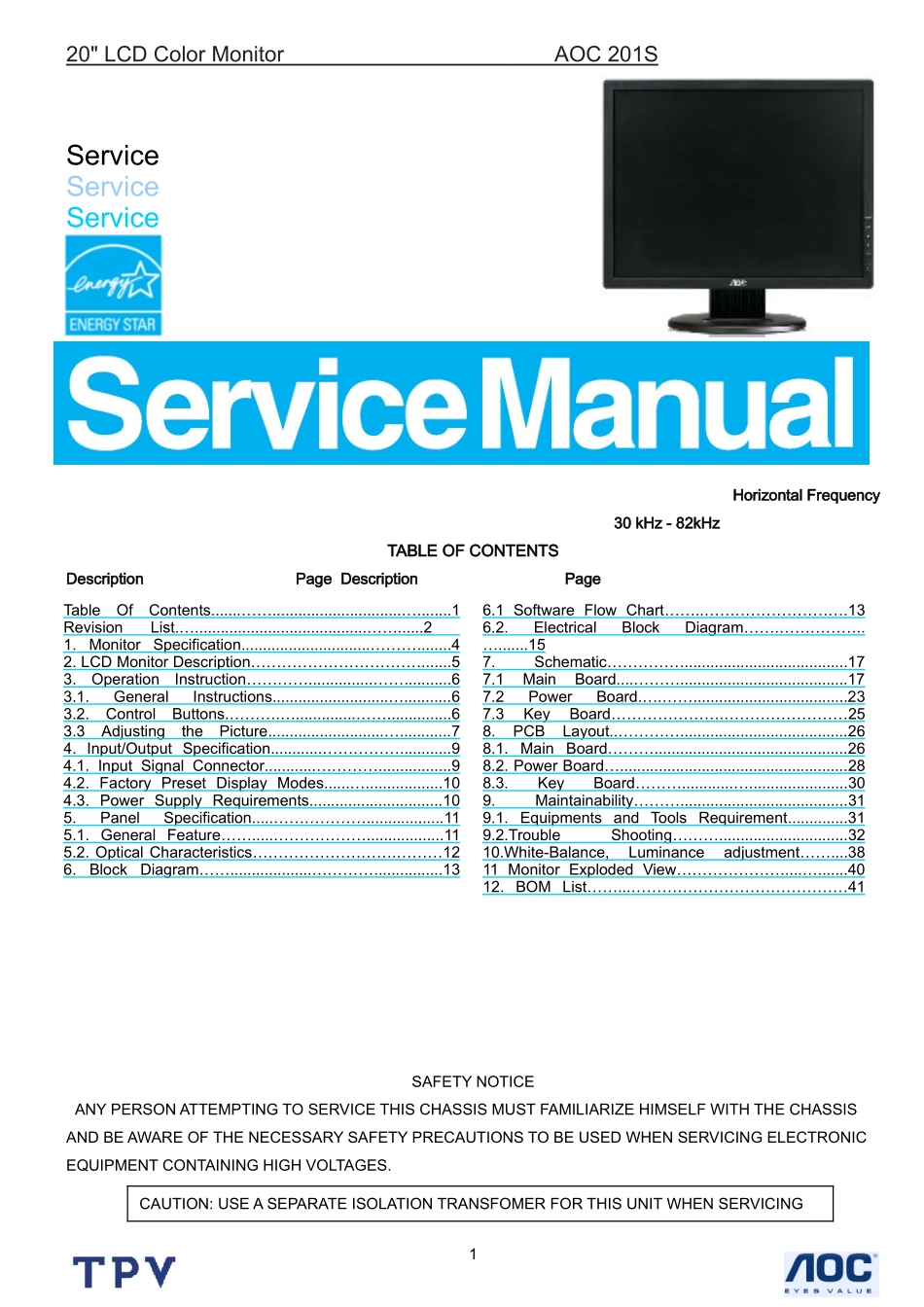 AOC 201S液晶显示器维修手册_AOC-201S-英文维修手册.doc_第1页