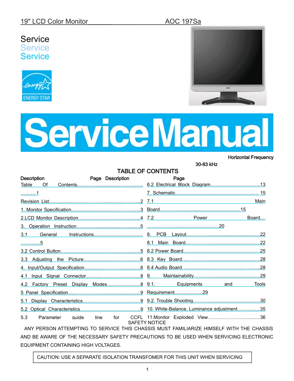 AOC 197Sa液晶显示器维修手册_AOC-197Sa_TSUM16AWK-英文维修手册.doc_第1页