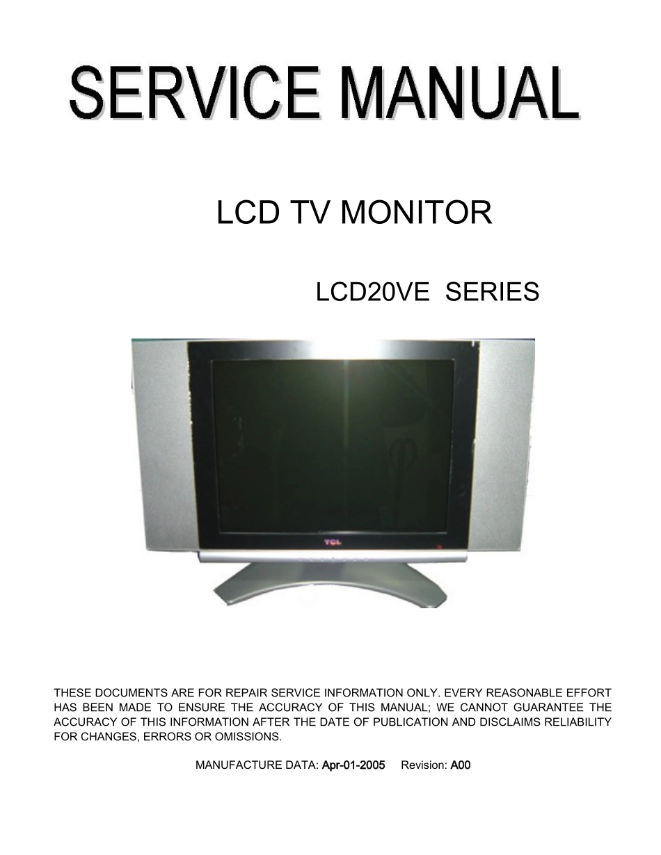 TCL LCD20VE液晶电视维修手册（英文）_TCL-LCD20VE-英文维修手册.doc_第1页