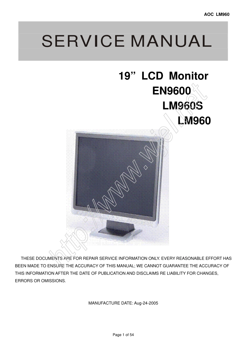 AOC LM960液晶显示器维修手册_AOC_LM960.pdf_第1页