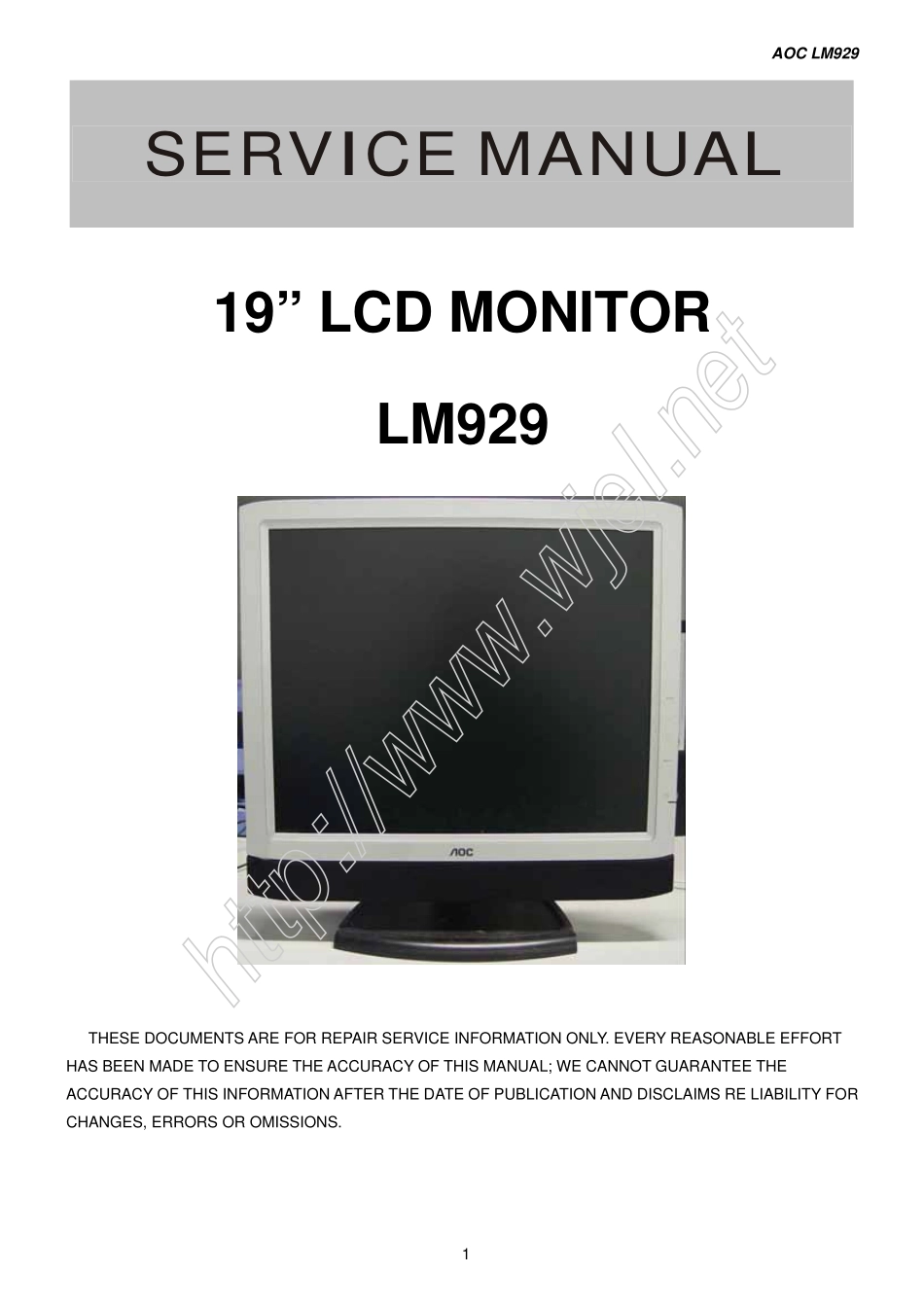 AOC LM929液晶显示器维修手册_AOC_LM929.pdf_第1页