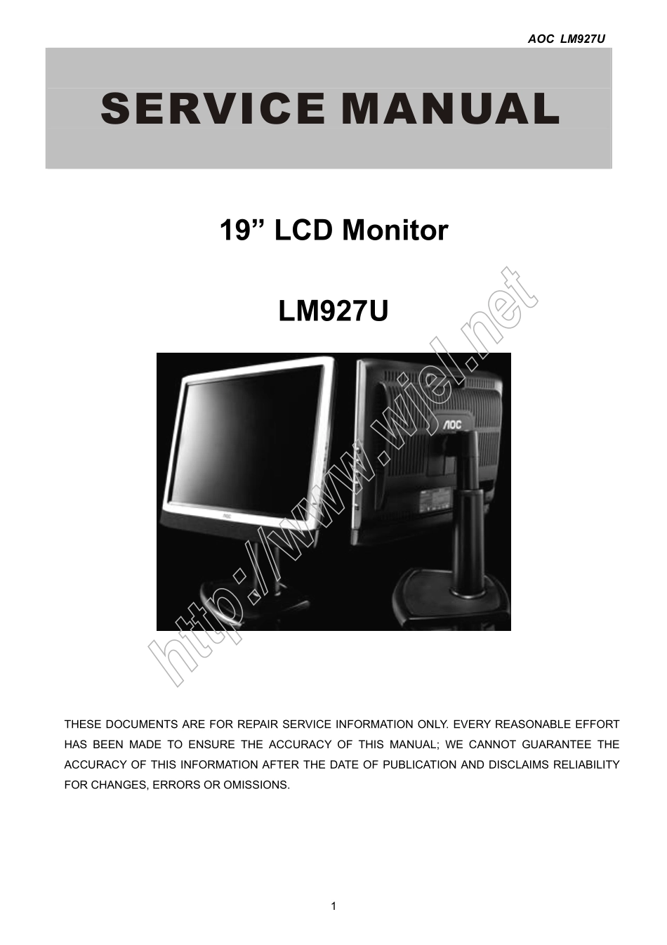 AOC LM927U液晶显示器维修手册_AOC_LM927U.pdf_第1页