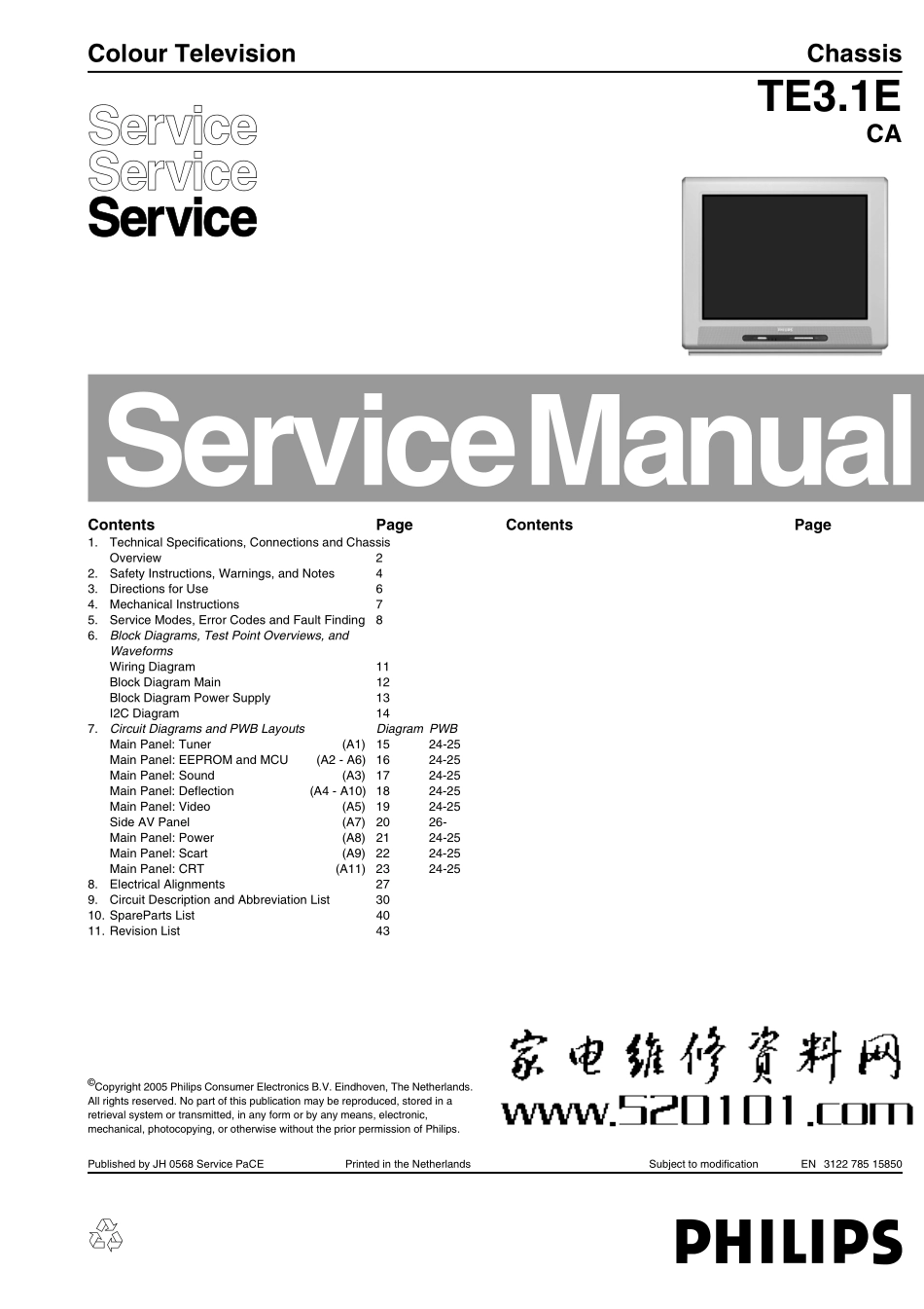 飞利浦TE3.1E CA机芯维修手册_TE3.1E CA.pdf_第1页