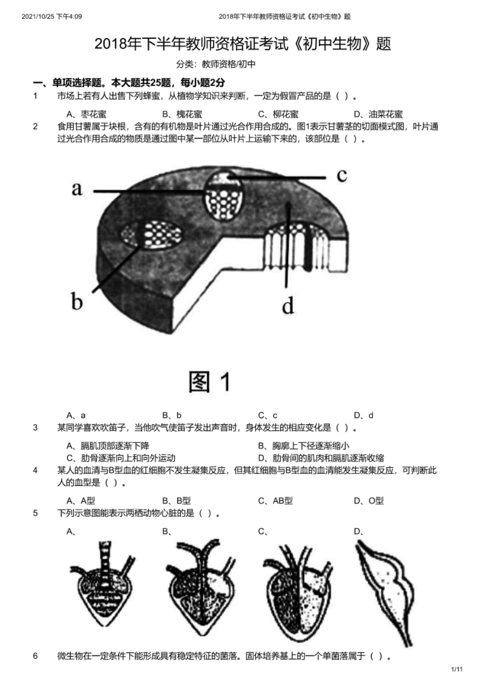 2018年下半年教师资格证考试《初中生物》题.pdf_第1页