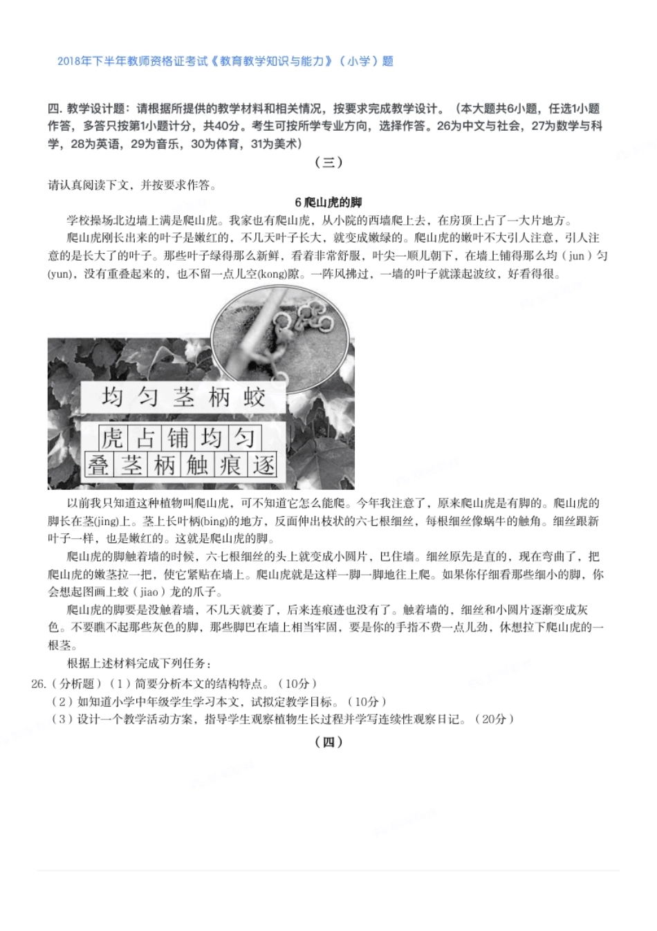 2018年下半年教师资格证考试《教育教学知识与能力》（小学）题.pdf_第3页