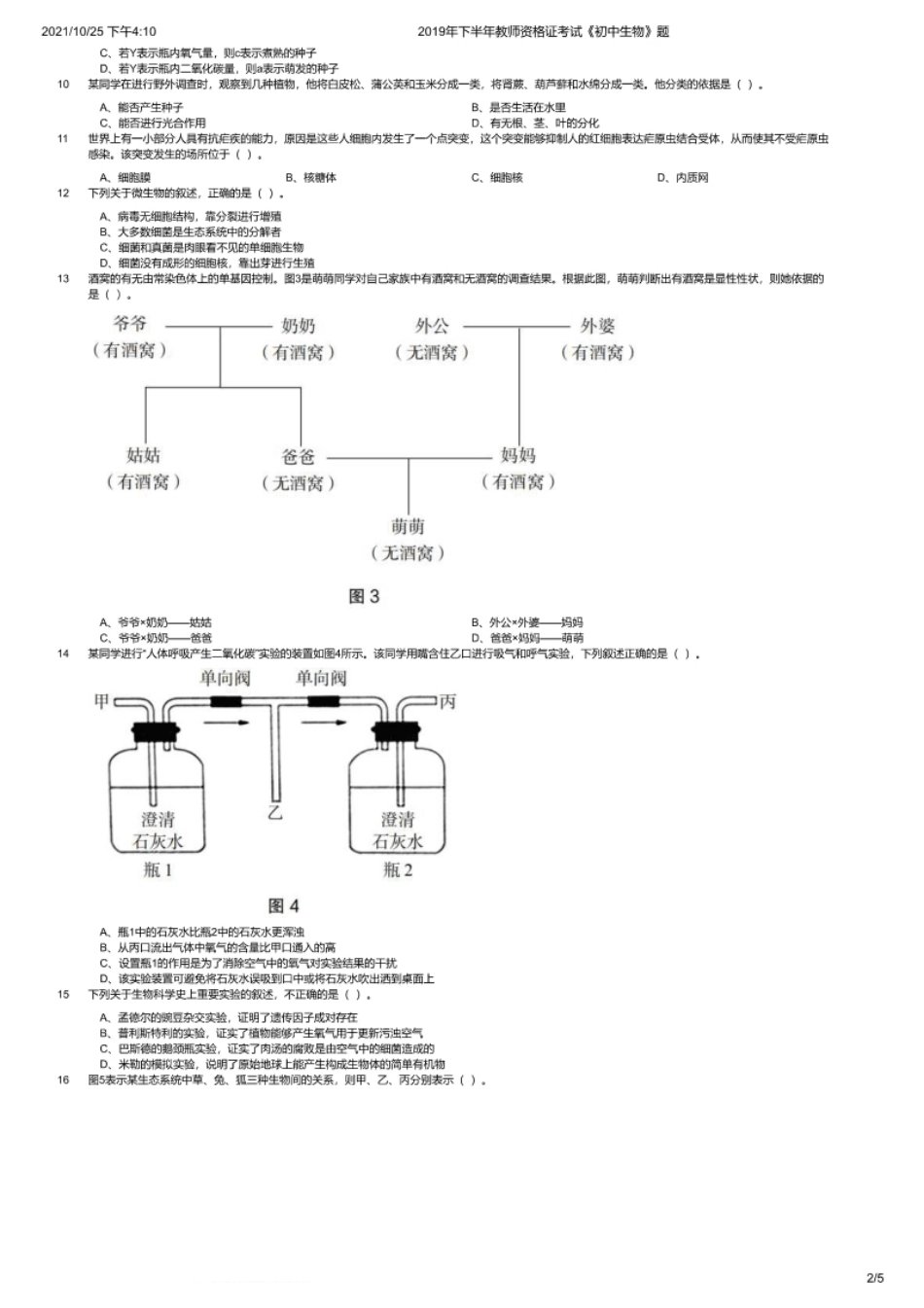 2019年下半年教师资格证考试《初中生物》题.pdf_第2页