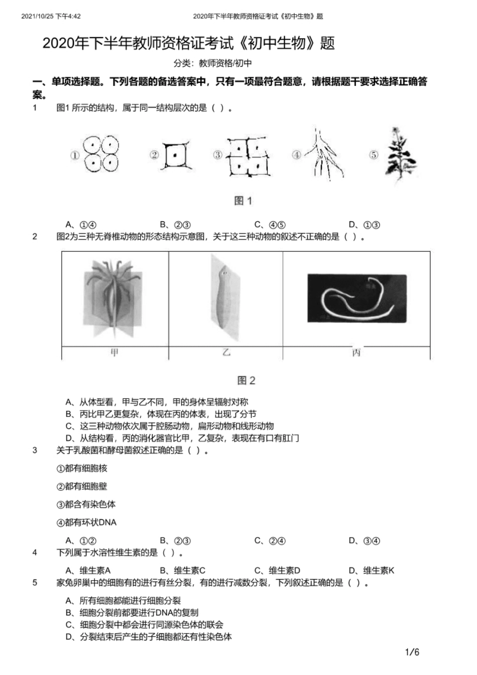 2020年下半年教师资格证考试《初中生物》题.pdf_第1页