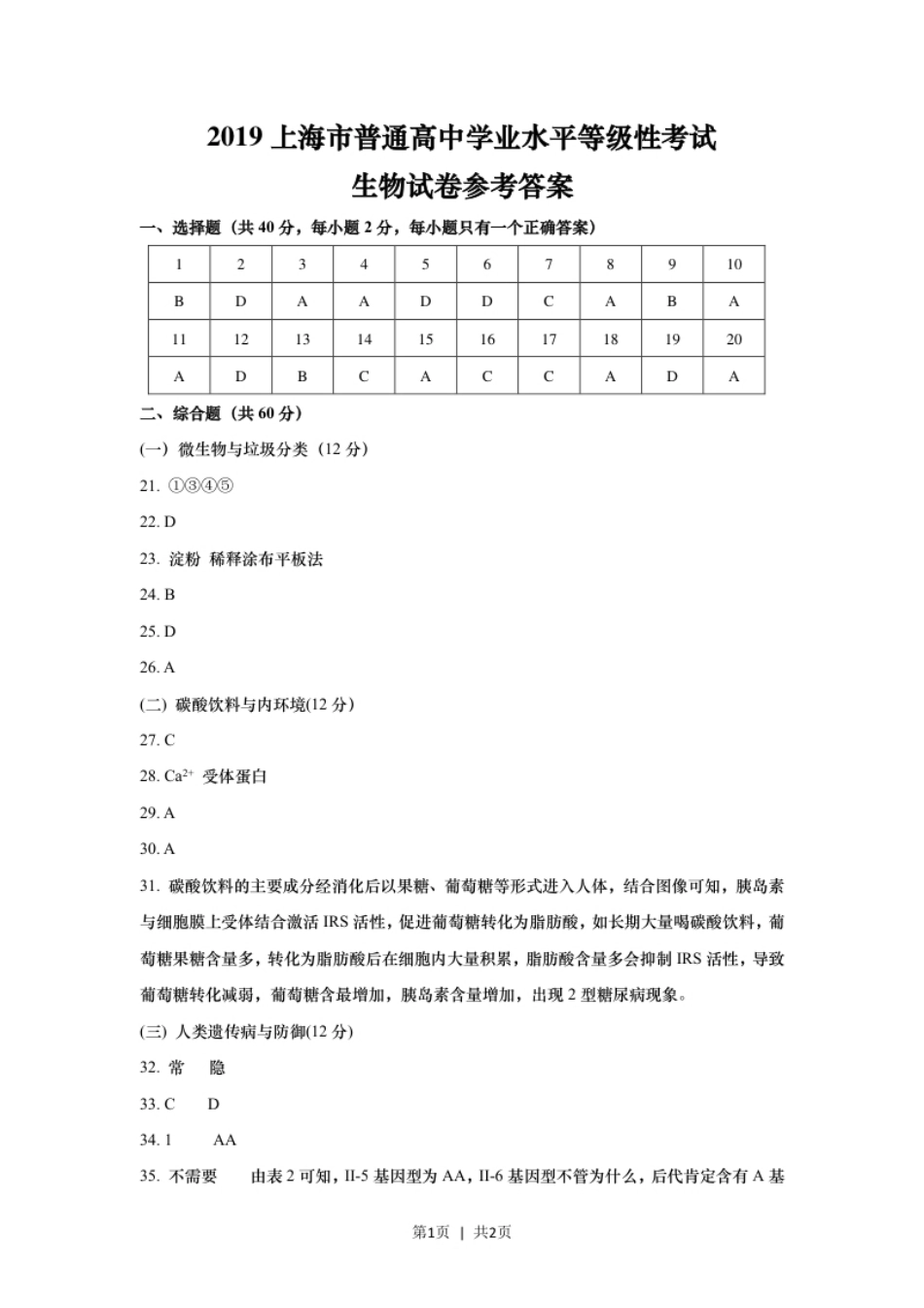 2019年高考生物试卷（上海）（答案卷）.pdf_第1页