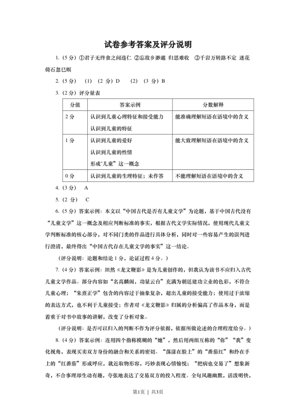 2020年高考语文试卷（上海）（秋考）（答案卷）.pdf_第1页