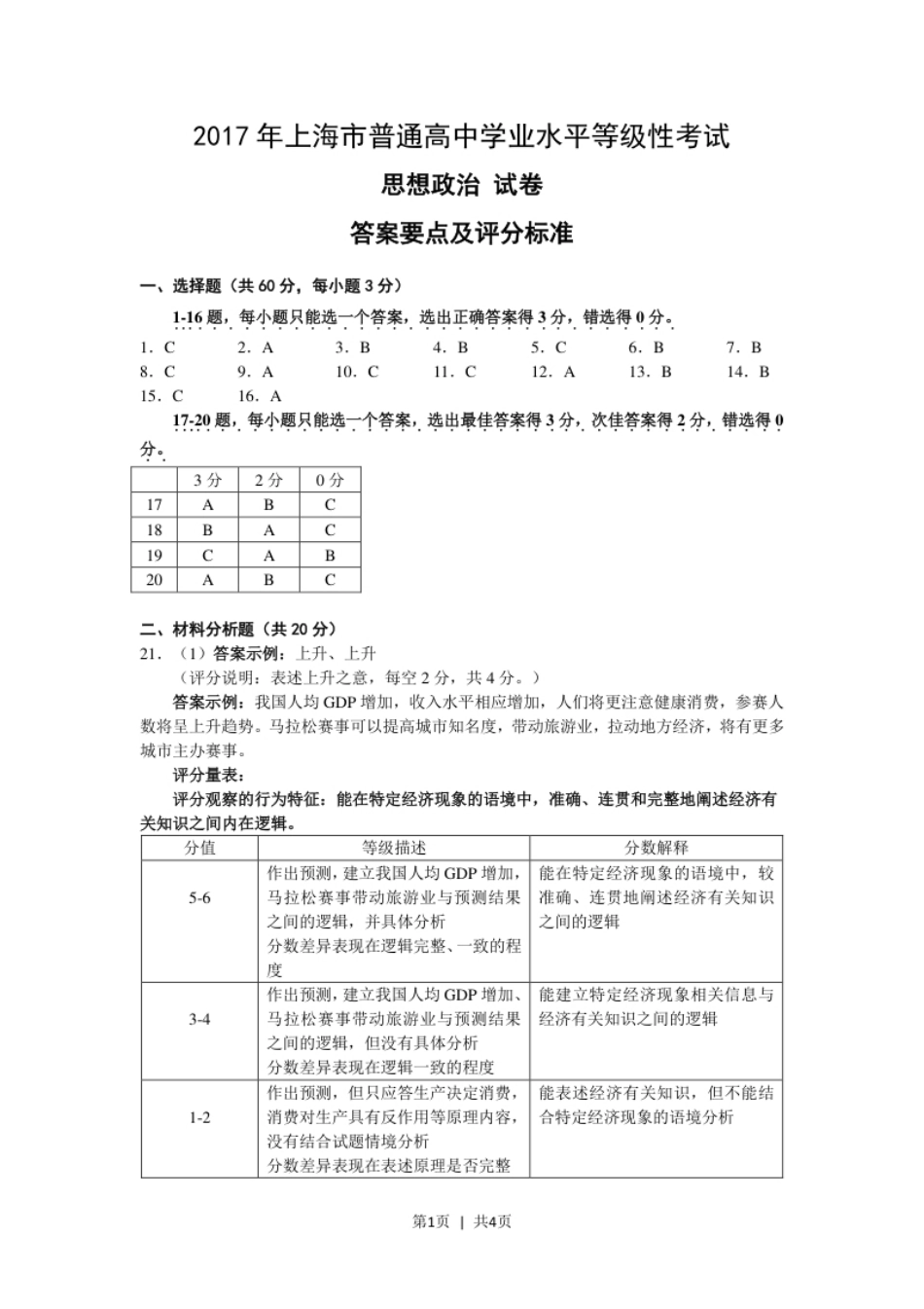 2017年高考政治试卷（上海）（答案）.pdf_第1页