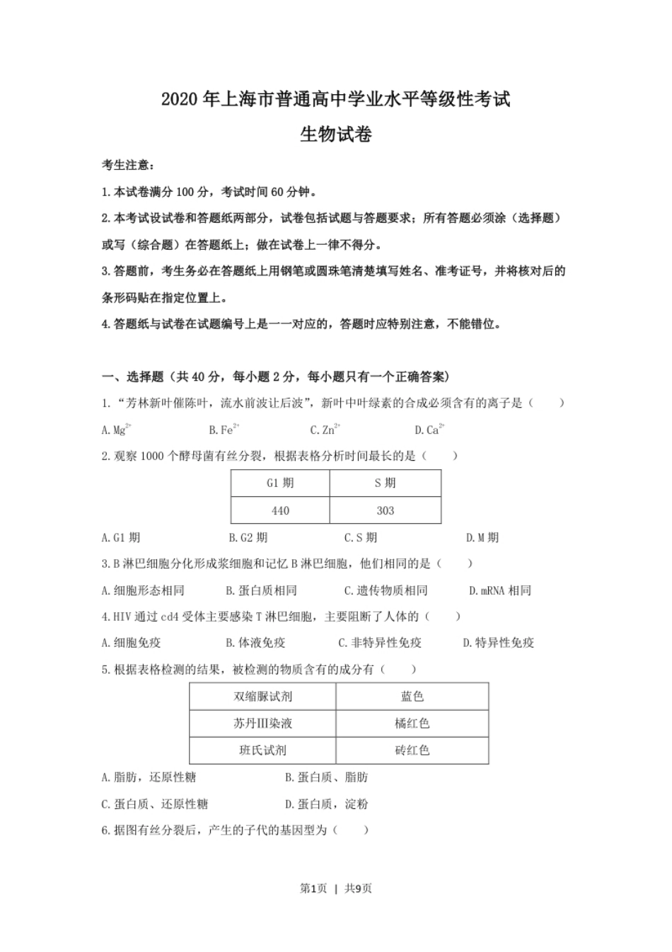 2020年高考生物试卷（上海）（空白卷）.pdf_第1页