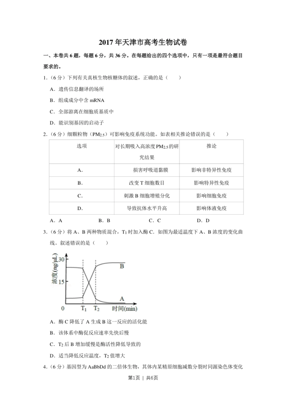 2017年高考生物试卷（天津）（空白卷）.pdf_第1页