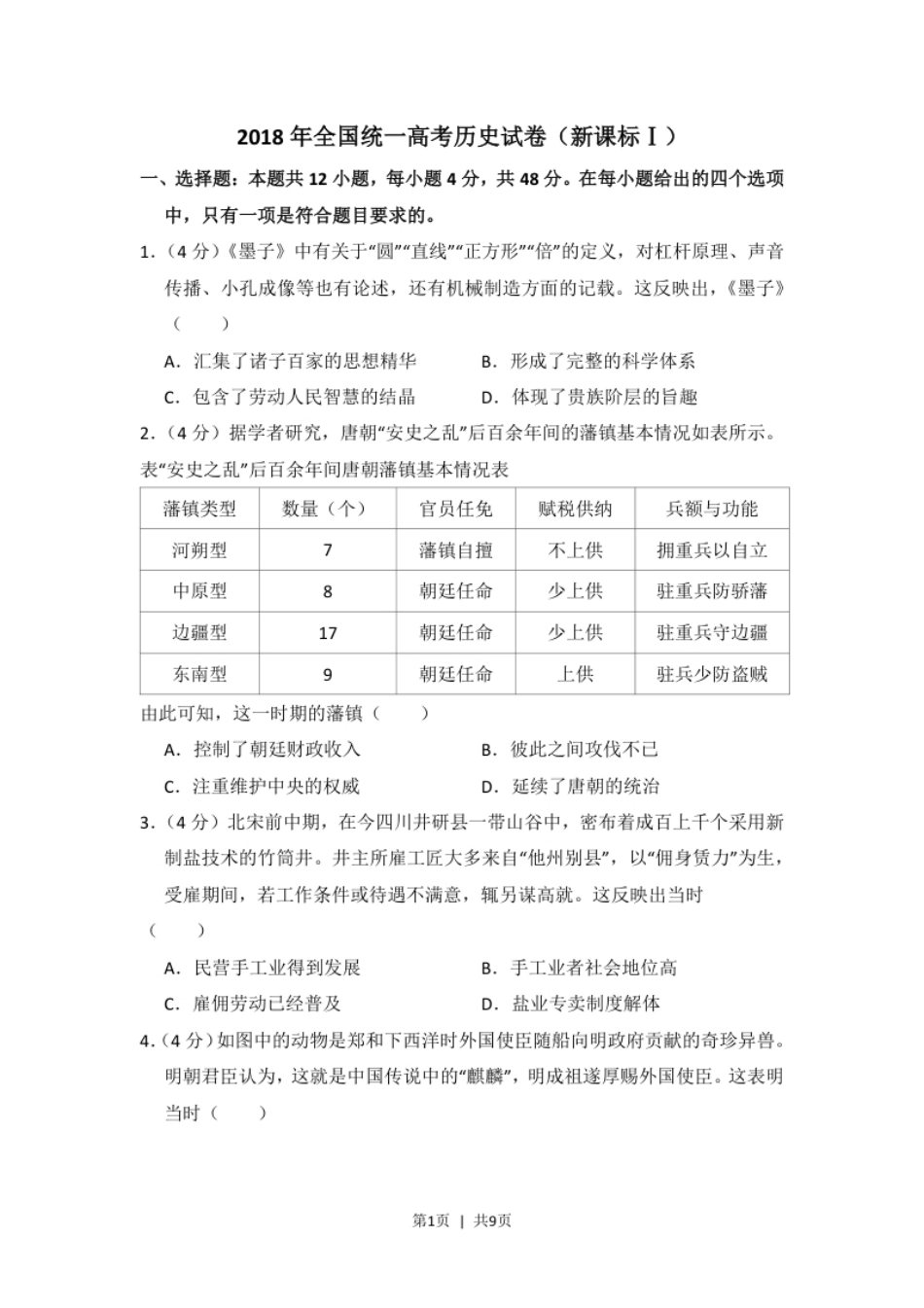 2018年高考历史试卷（新课标Ⅰ）（空白卷）.pdf_第1页