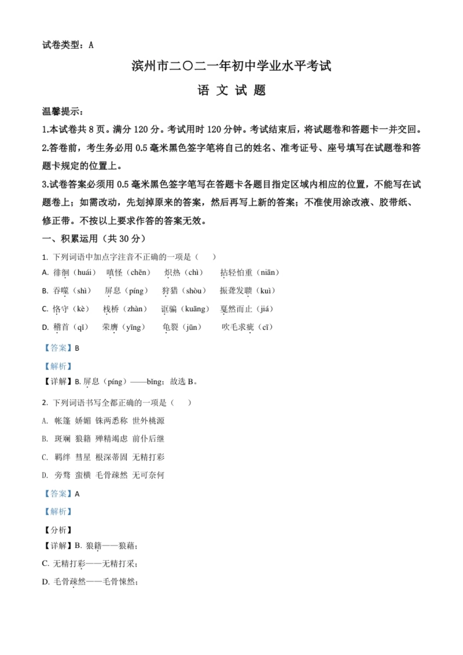 山东省滨州市2021年中考语文试题（解析版）.pdf_第1页