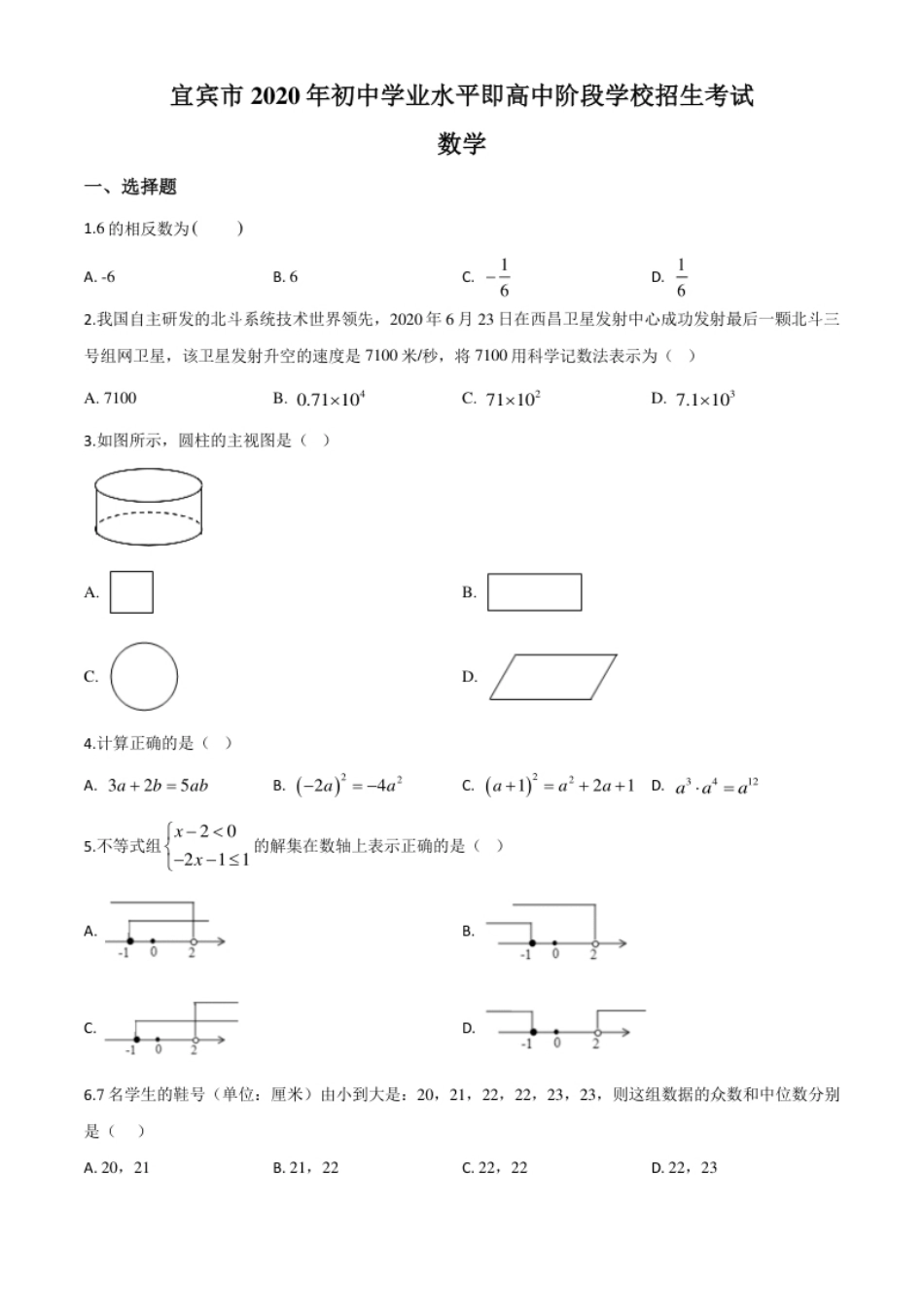 精品解析：四川省宜宾市2020年中考数学试题（原卷版）.pdf_第1页