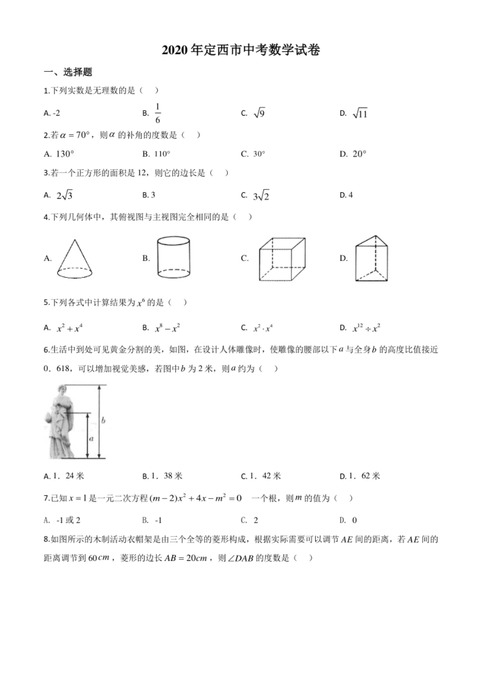 精品解析：甘肃省定西市2020年中考数学试题（原卷版）.pdf_第1页