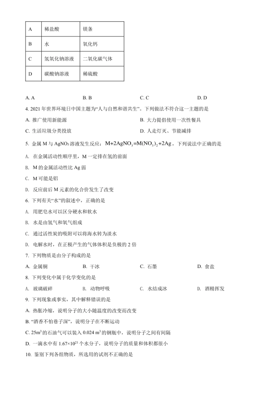 精品解析：2022年江苏省南通市中考化学真题（原卷版）.pdf_第2页