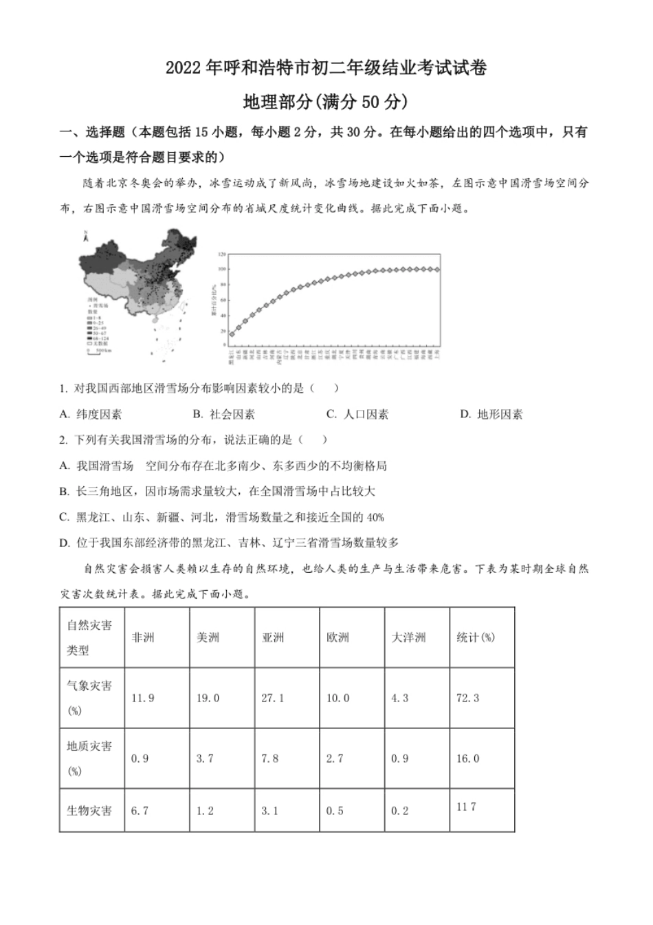 精品解析：2022年内蒙古呼和浩特市中考地理真题（原卷版）.pdf_第1页