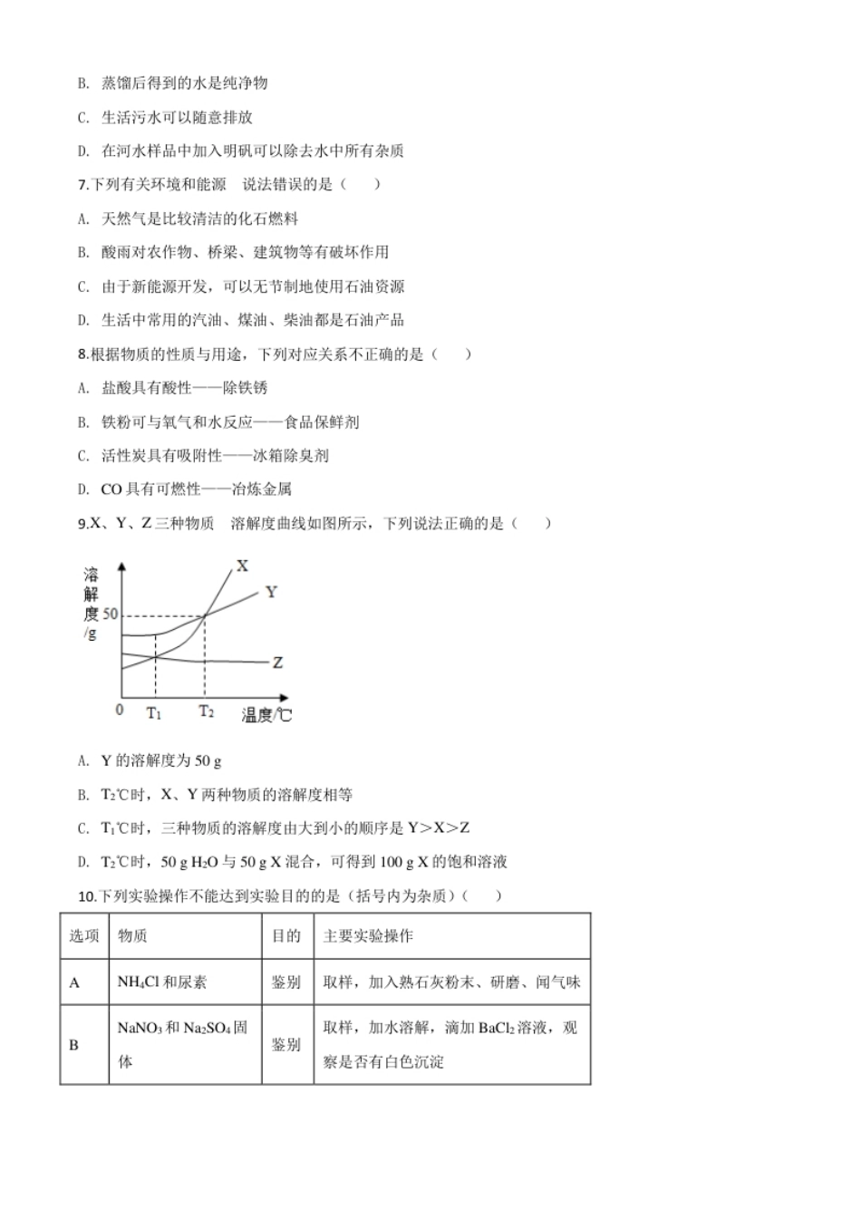 精品解析：新疆2020年中考化学试题（原卷版）.pdf_第2页