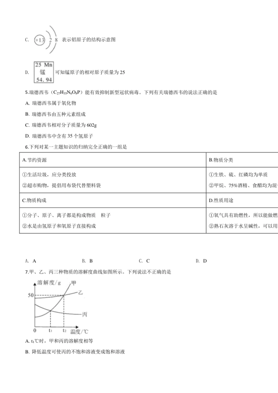 精品解析：湖北省孝感市2020年中考化学试题（原卷版）.pdf_第2页