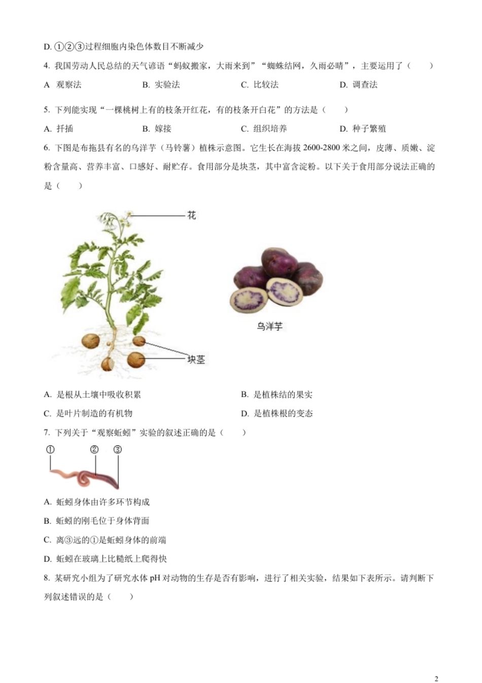 精品解析：2023年四川省凉山彝族自治州中考生物真题（原卷版）.pdf_第2页