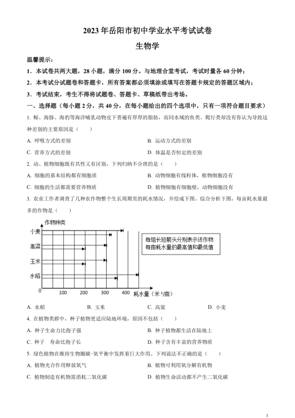 精品解析：2023年湖南省岳阳市中考生物真题（原卷版）.pdf_第1页