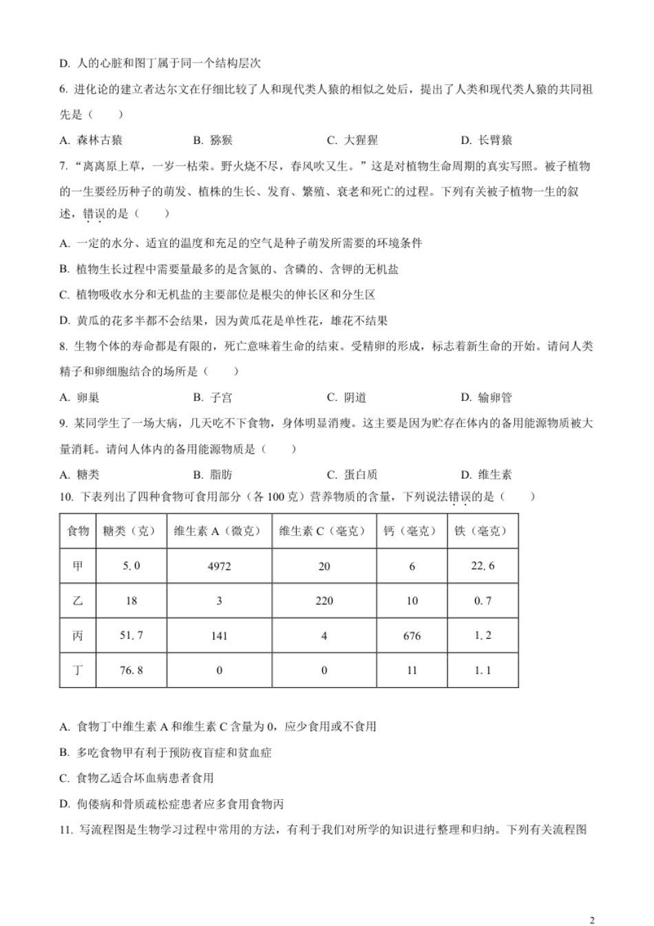 精品解析：2023年湖南省衡阳中考生物真题（原卷版）.pdf_第2页