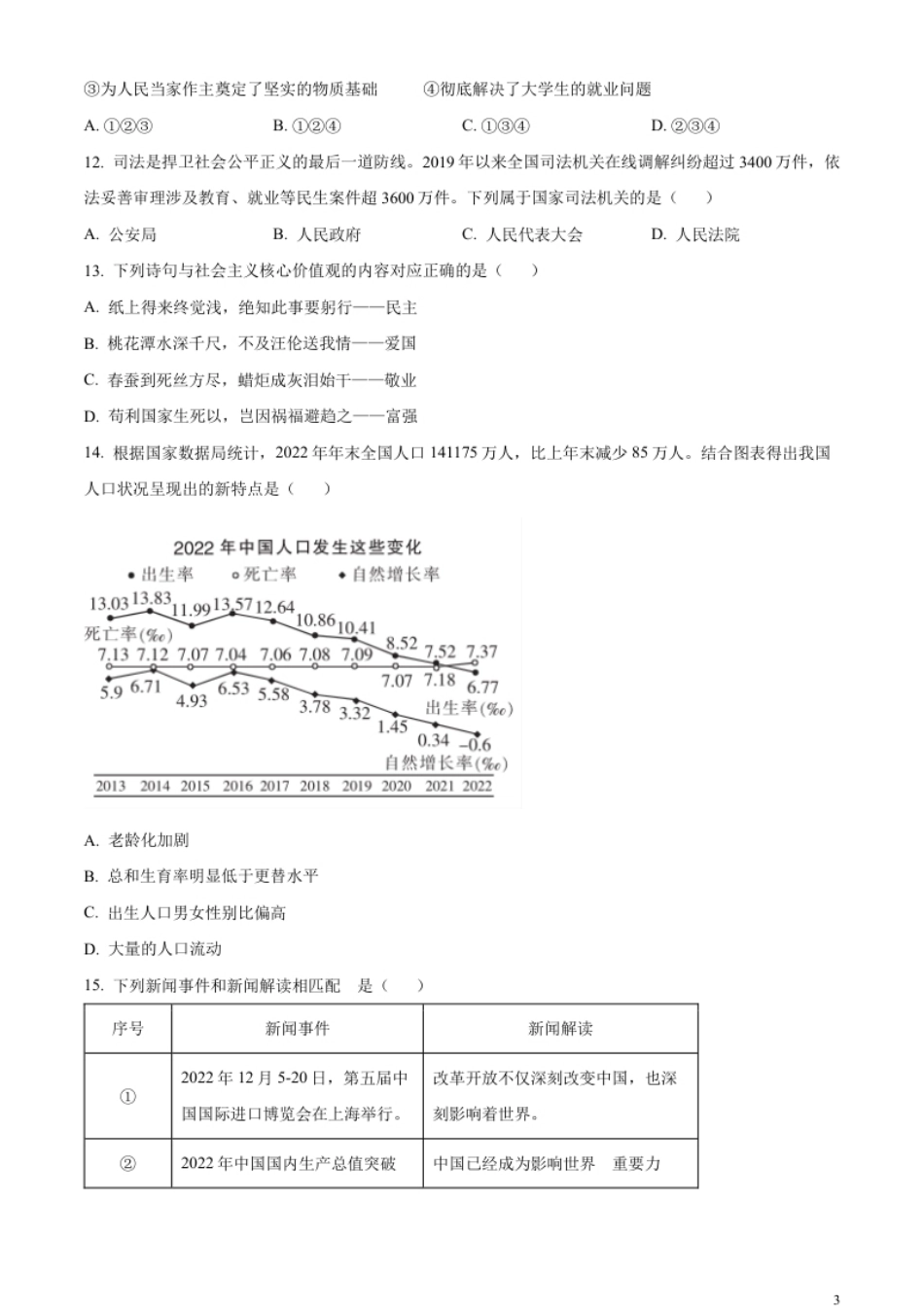 精品解析：2023年黑龙江省哈尔滨市中考道德与法治真题（原卷版）.pdf_第3页