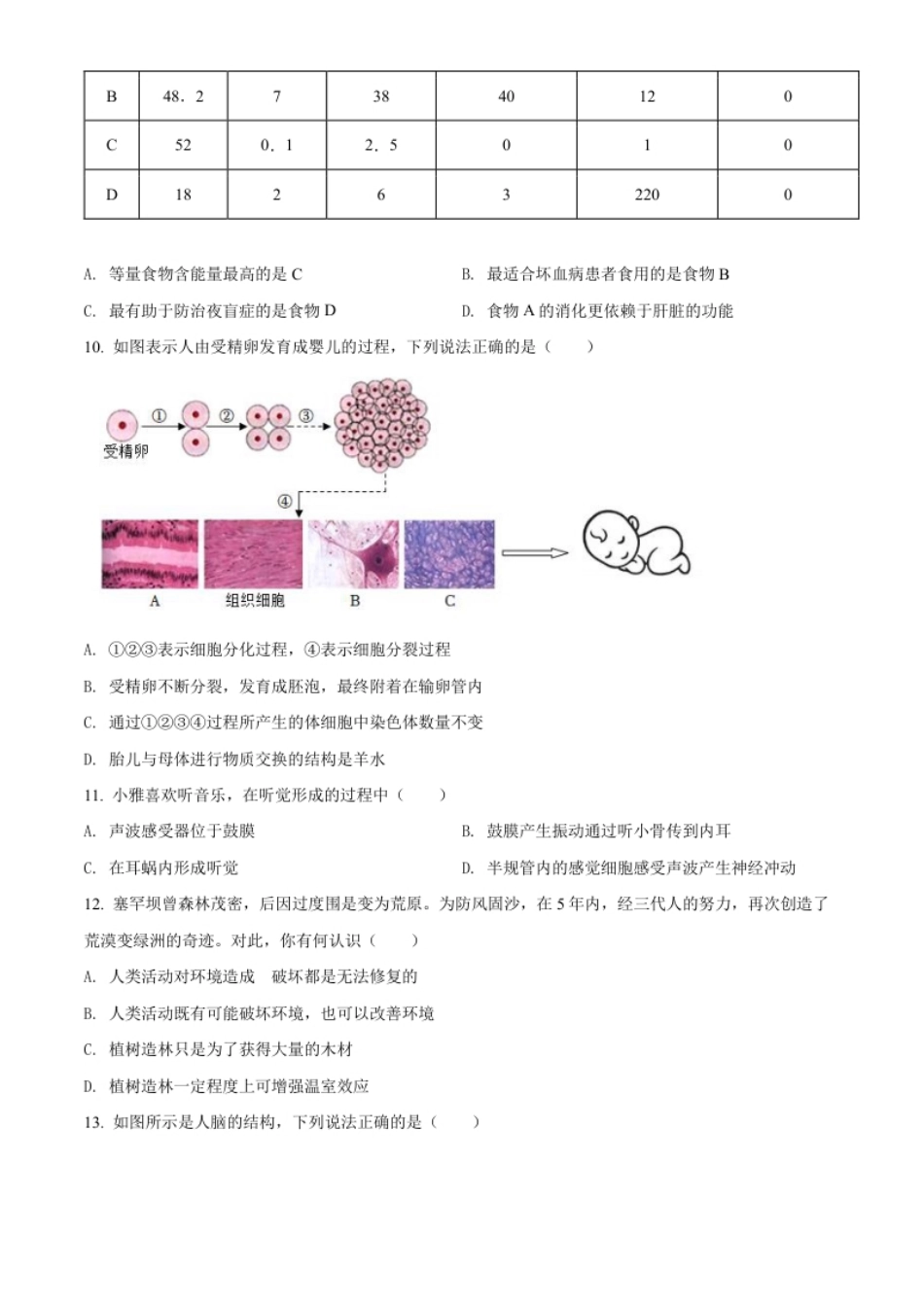 精品解析：2022年湖南省娄底市中考生物真题（原卷版）.pdf_第3页