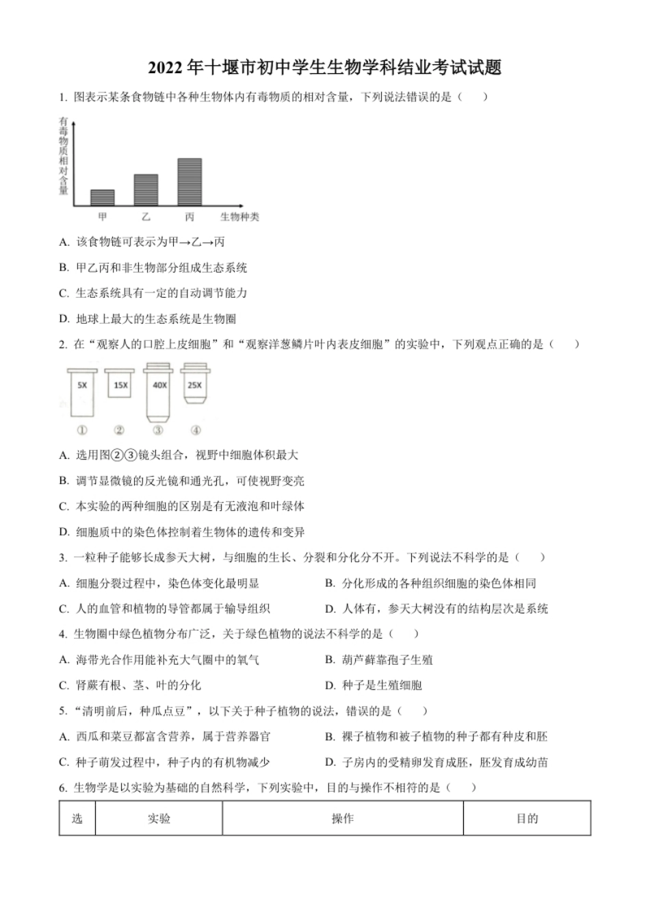 精品解析：2022年湖北省十堰市结业考试生物试题（原卷版）.pdf_第1页