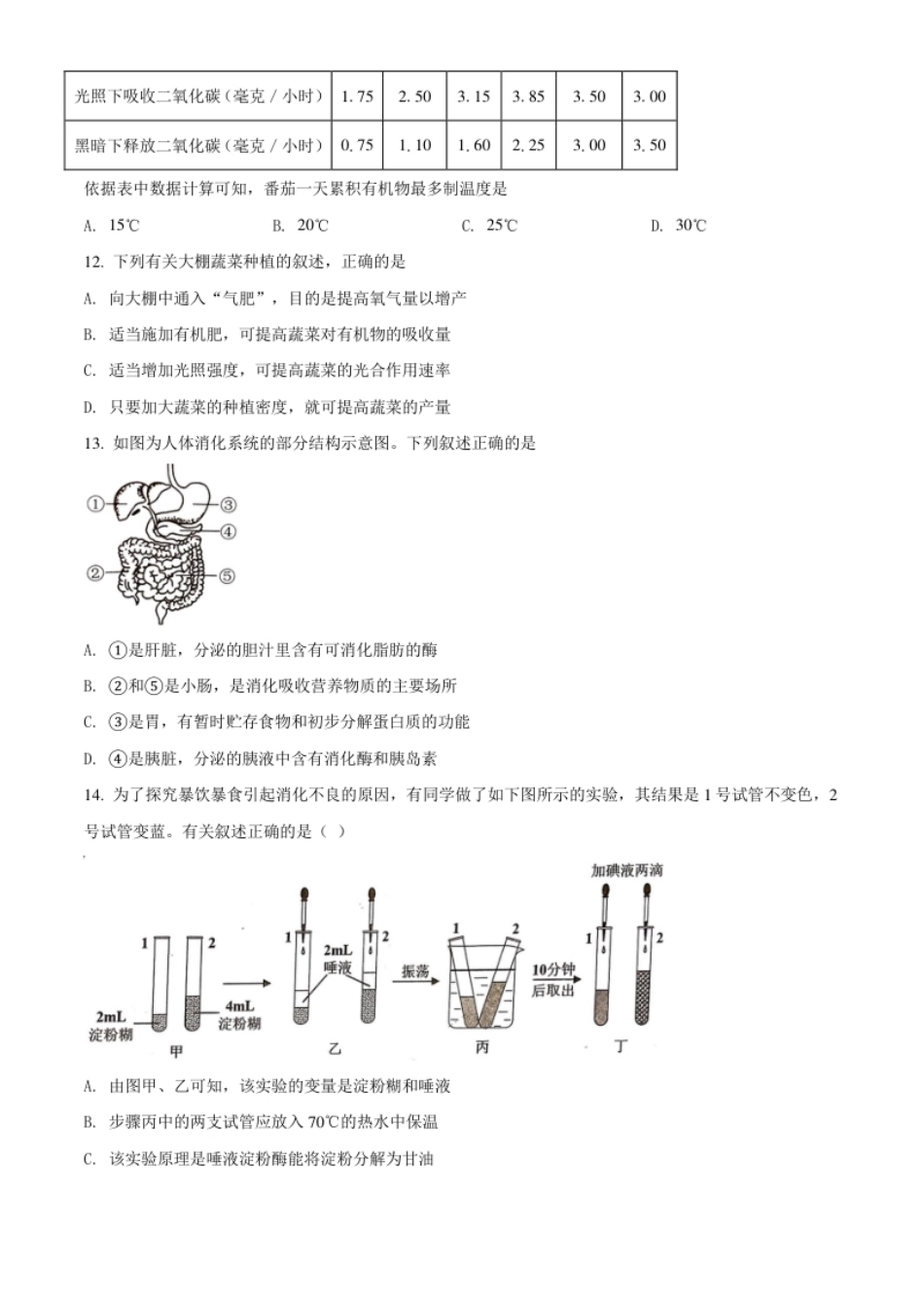 精品解析：江苏省苏州市2021年初中结业考试生物试题（原卷版）.pdf_第3页