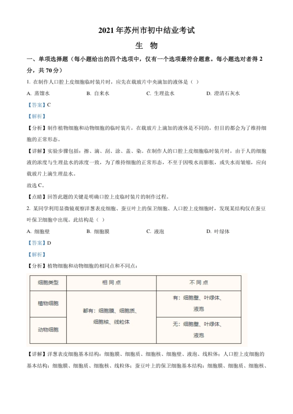 精品解析：江苏省苏州市2021年初中结业考试生物试题（解析版）.pdf_第1页