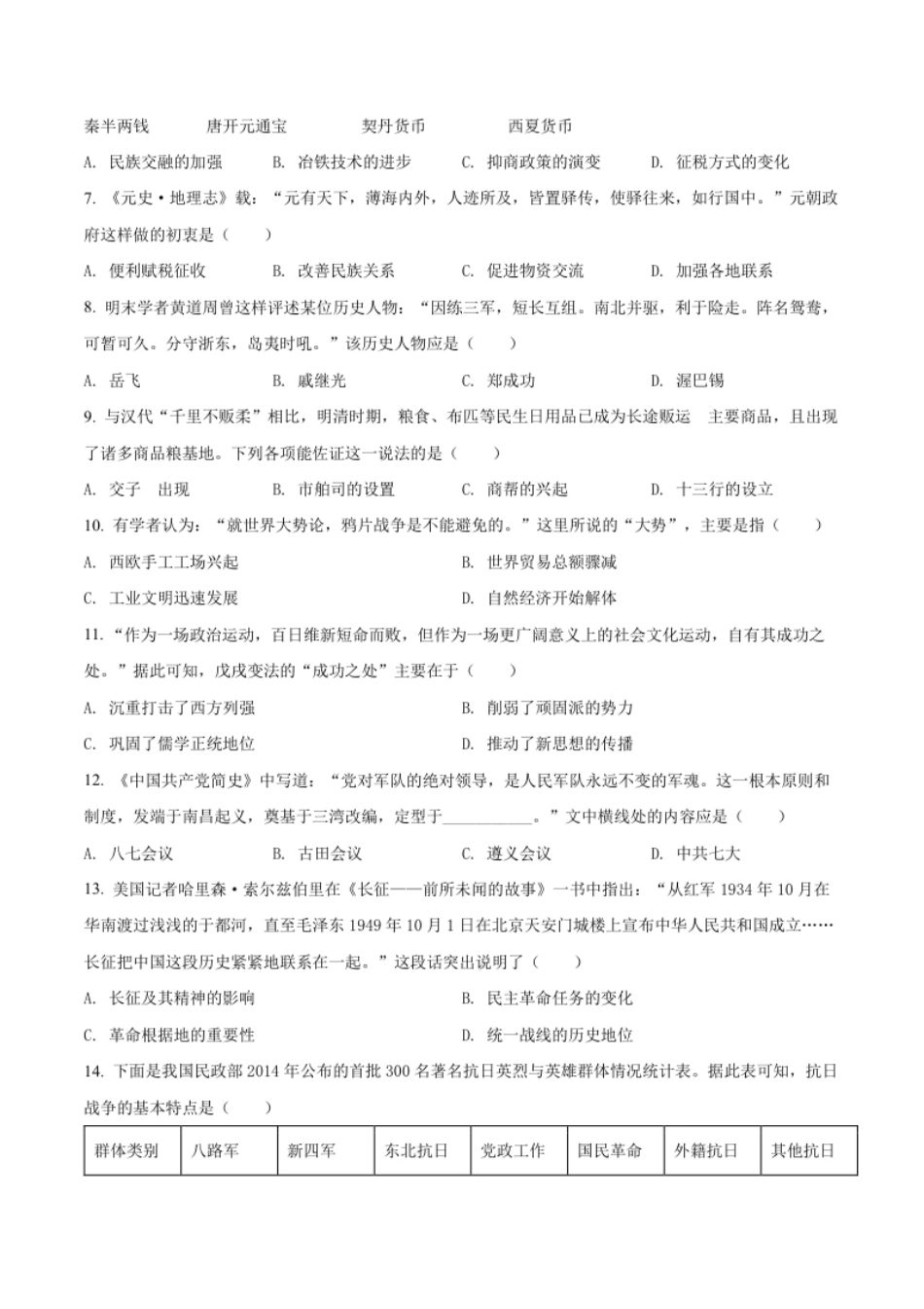 精品解析：2022年山东省聊城市中考历史真题（原卷版）.pdf_第2页