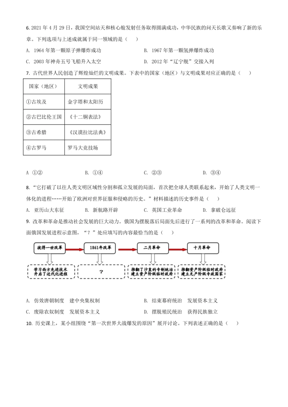 辽宁省大连市2021年中考历史试题（原卷版）.pdf_第2页